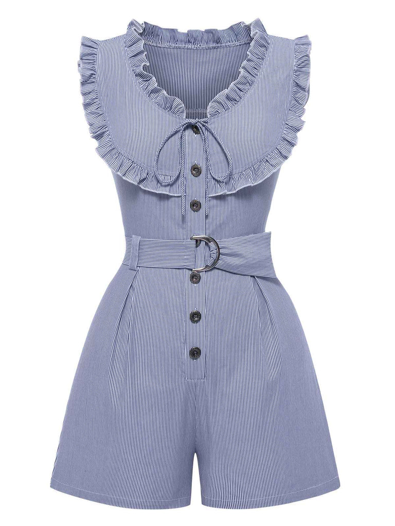 [Pre-Sale] Blue 1940s Cotton Pinstripe Ruffled Sleeveless Romper