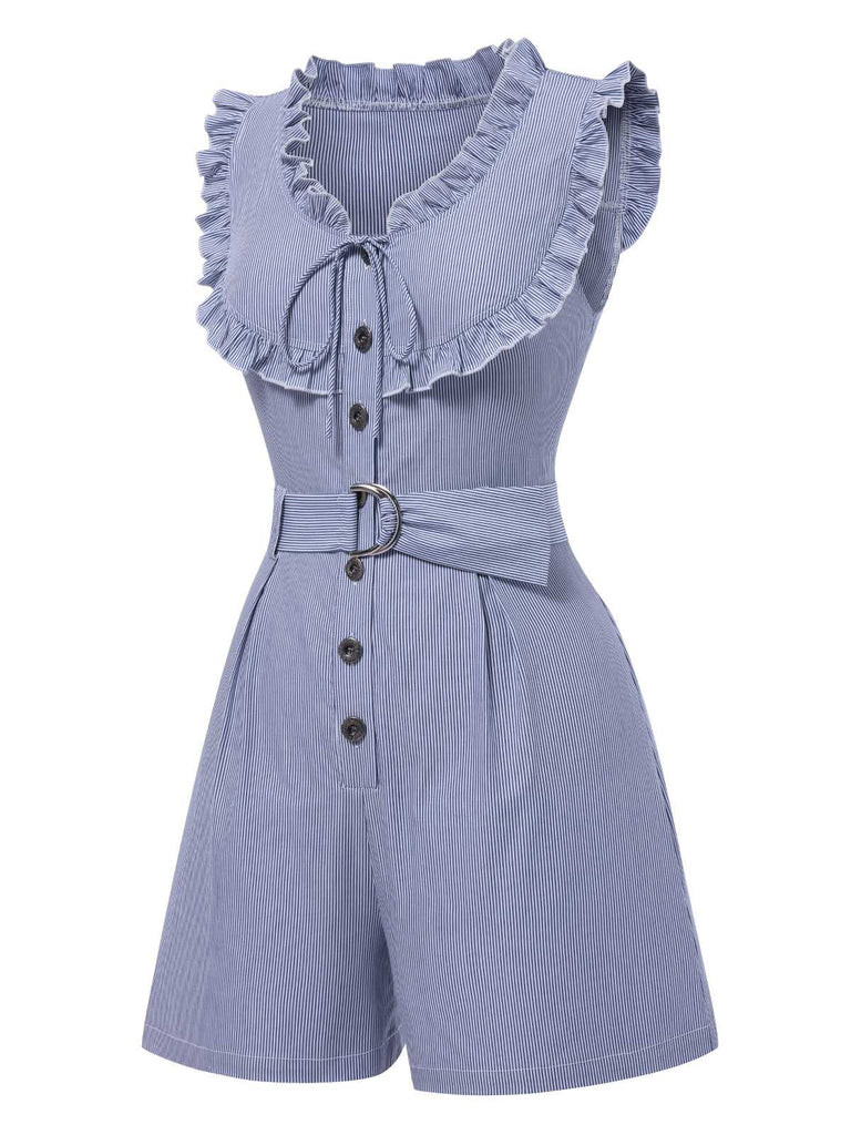 [Pre-Sale] Blue 1940s Cotton Pinstripe Ruffled Sleeveless Romper