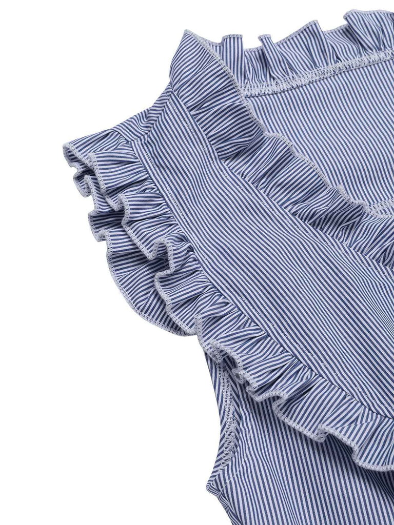 [Pre-Sale] Blue 1940s Cotton Pinstripe Ruffled Sleeveless Romper