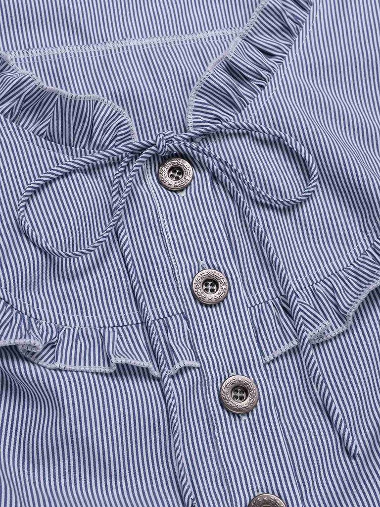 [Pre-Sale] Blue 1940s Cotton Pinstripe Ruffled Sleeveless Romper