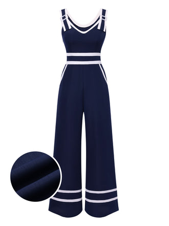 [Pre-Sale] Dark Blue 1930s V-Neck Buckle Straps Jumpsuit