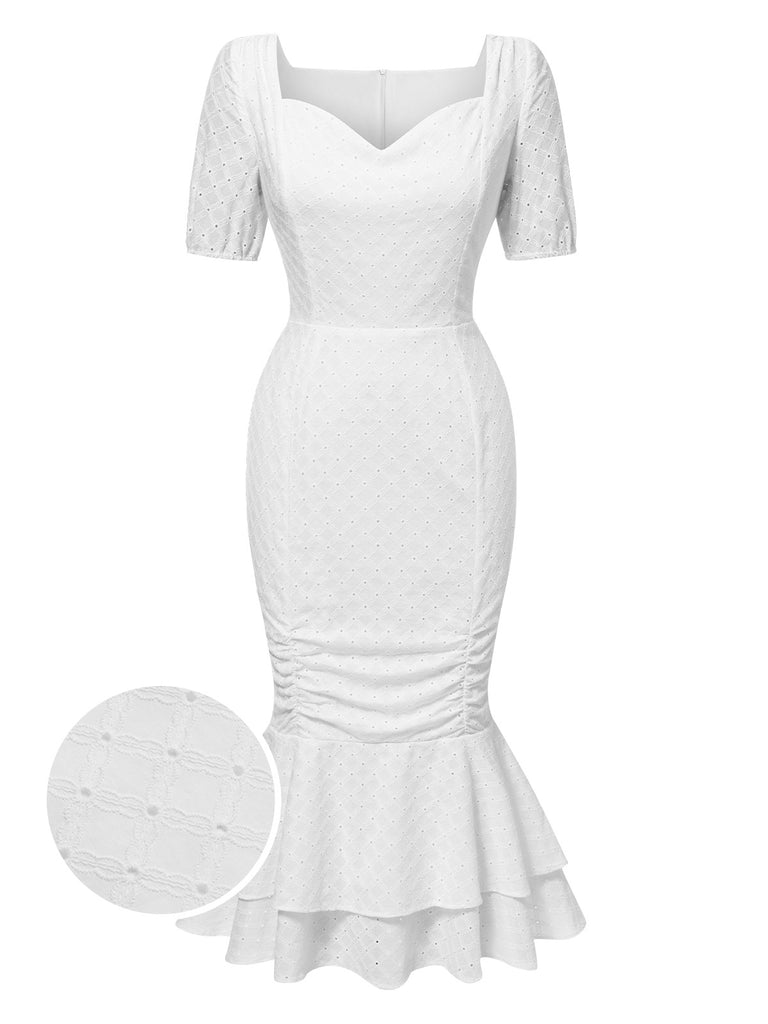 [Pre-Sale] White 1930s Solid Cotton Pleated Fishtail Dress