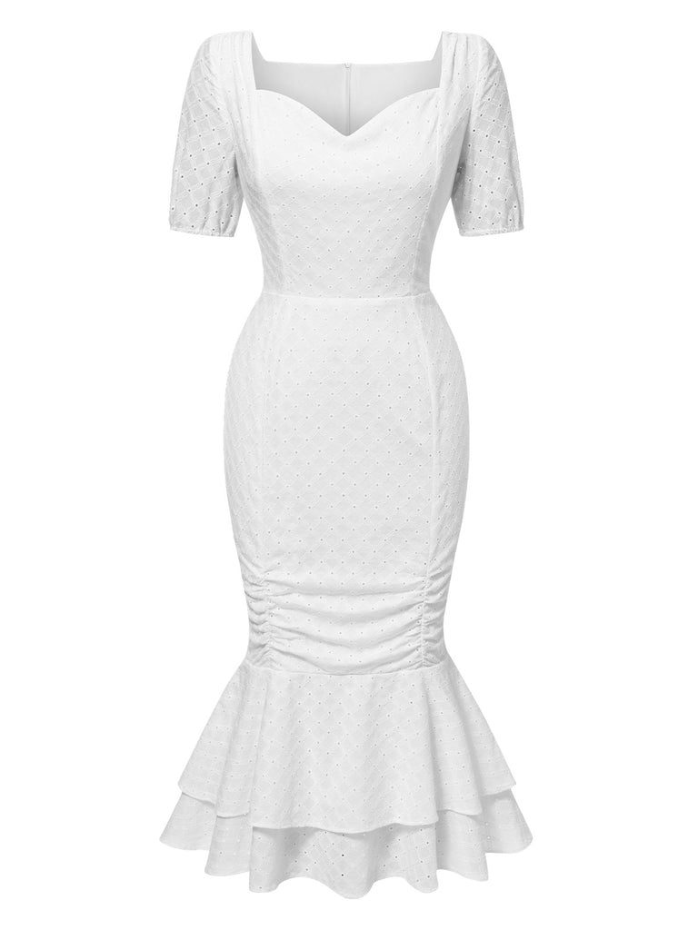 [Pre-Sale] White 1930s Solid Cotton Pleated Fishtail Dress