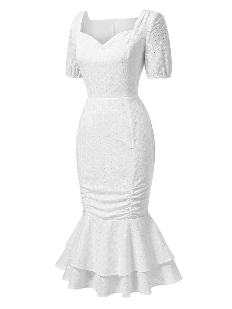 [Pre-Sale] White 1930s Solid Cotton Pleated Fishtail Dress