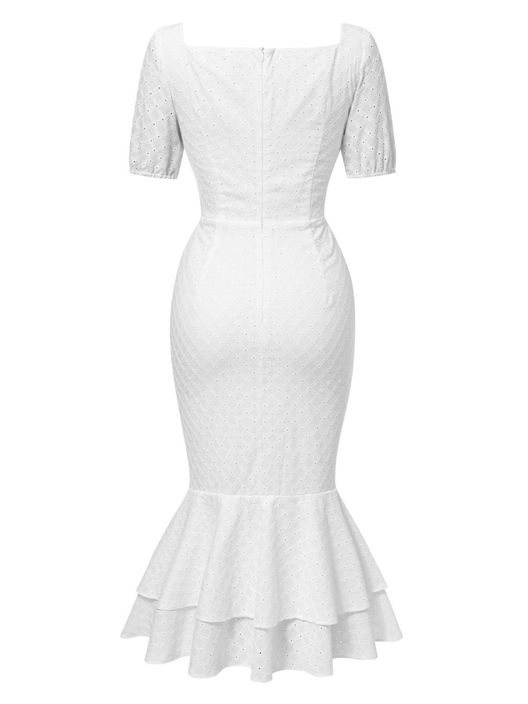 [Pre-Sale] White 1930s Solid Cotton Pleated Fishtail Dress