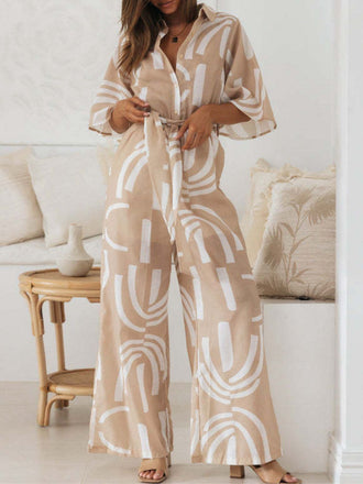 Khaki 1930s Geometric Printed Half Sleeves Lapel Jumpsuit