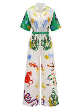 Multicolor 1930s Cartoon Animals Shirt Collar Jumpsuit