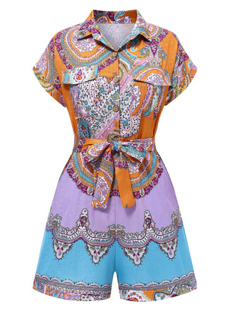1970s Shirt Neck Paisley Print Belted Romper