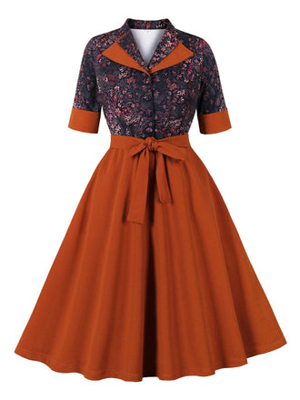 Brick Red 1950s Lapel Floral Patchwork Dress