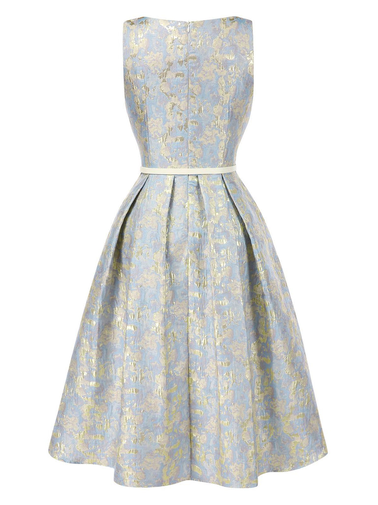 Light Blue 1950s Textured Floral Sleeveless Butterfly Dress