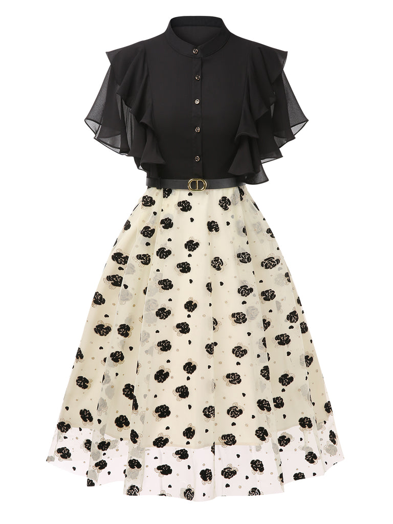 Black 1950s 3D Floral Ruffle V-Neck A-line Dress