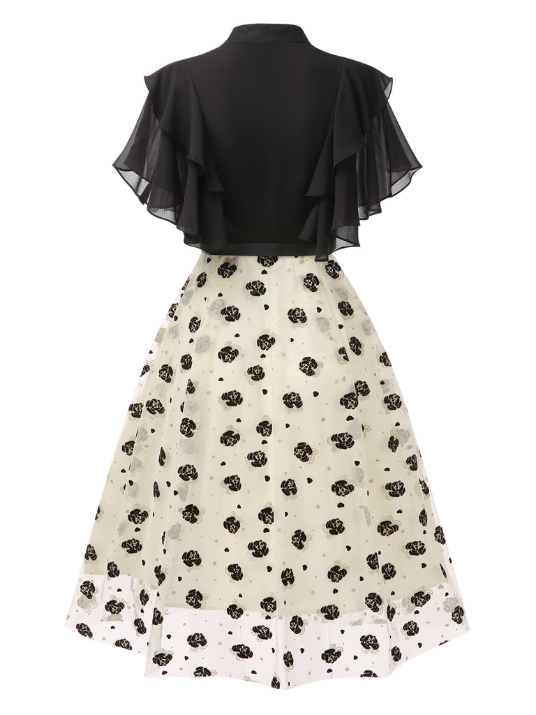 Black 1950s 3D Floral Ruffle V-Neck A-line Dress