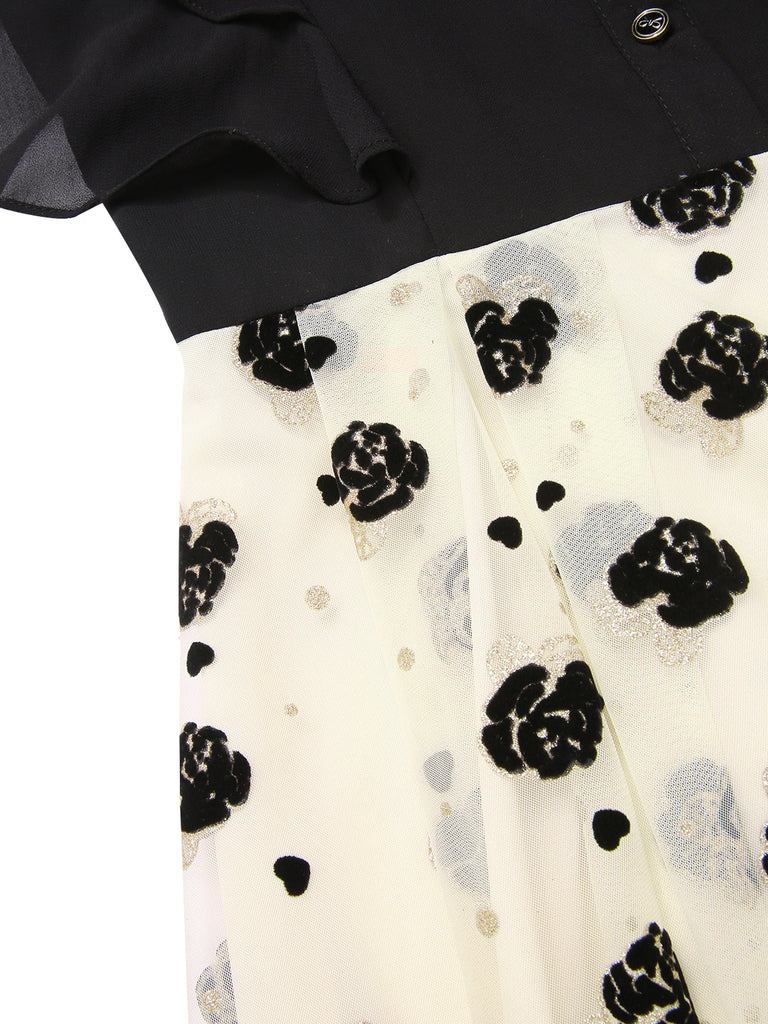 Black 1950s 3D Floral Ruffle V-Neck A-line Dress