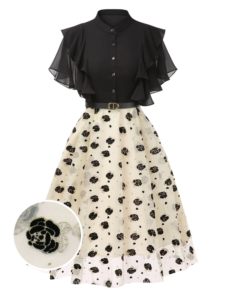 Black 1950s 3D Floral Ruffle V-Neck A-line Dress