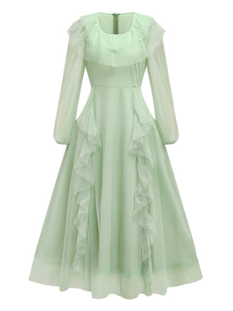 Green 1930s Solid Mesh Ruffled Illusion Sleeves Dress