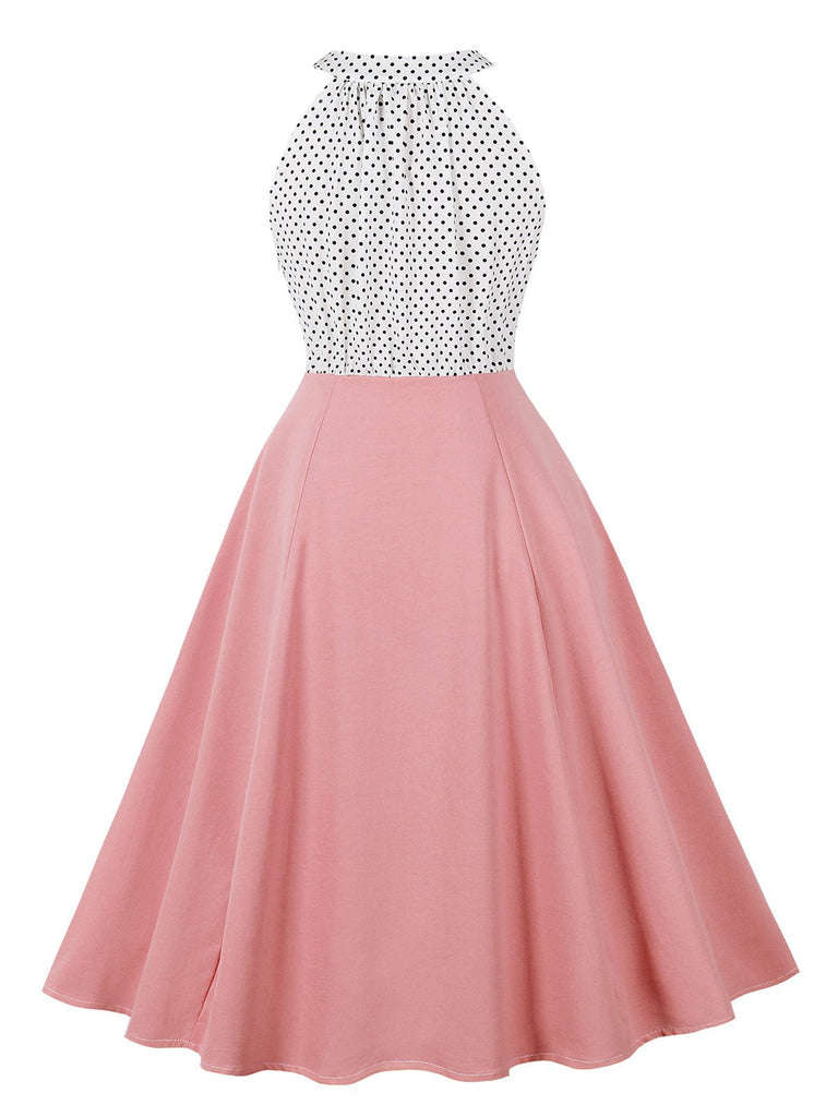 1950s Polka Dot Patchwork Halter Round-Neck Dress