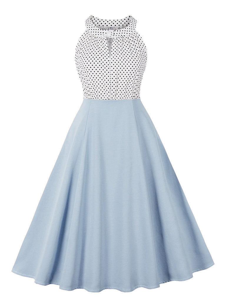 1950s Polka Dot Patchwork Halter Round-Neck Dress