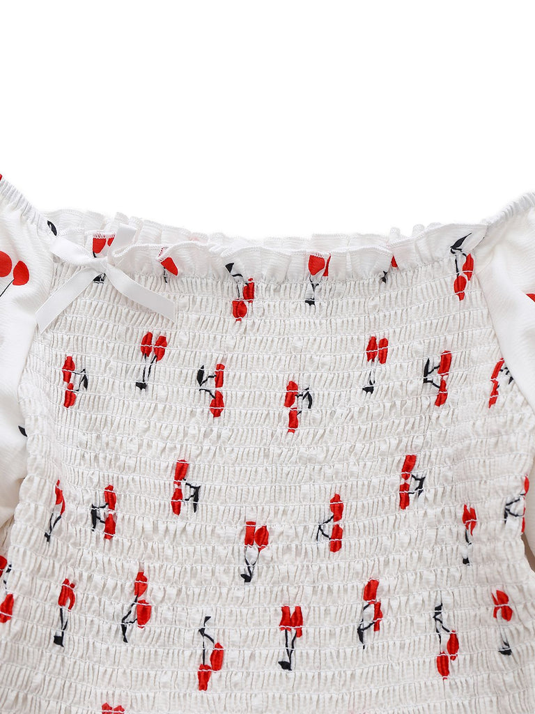 White 1950s Cherry Puff Sleeve Smocked Dress