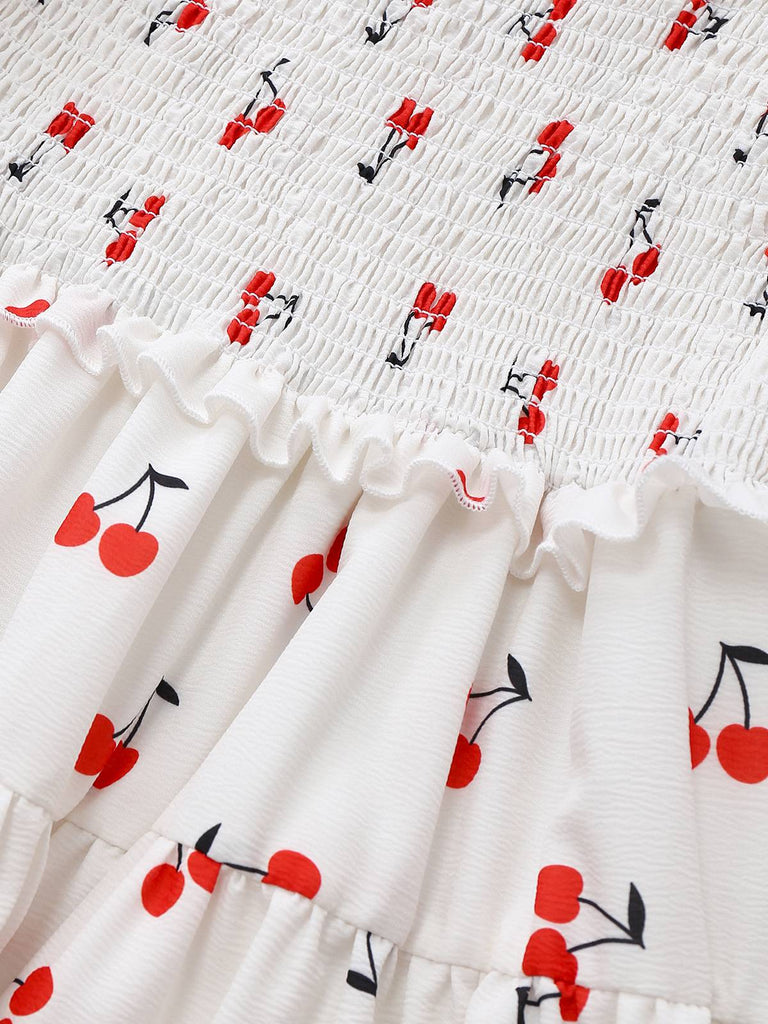 White 1950s Cherry Puff Sleeve Smocked Dress