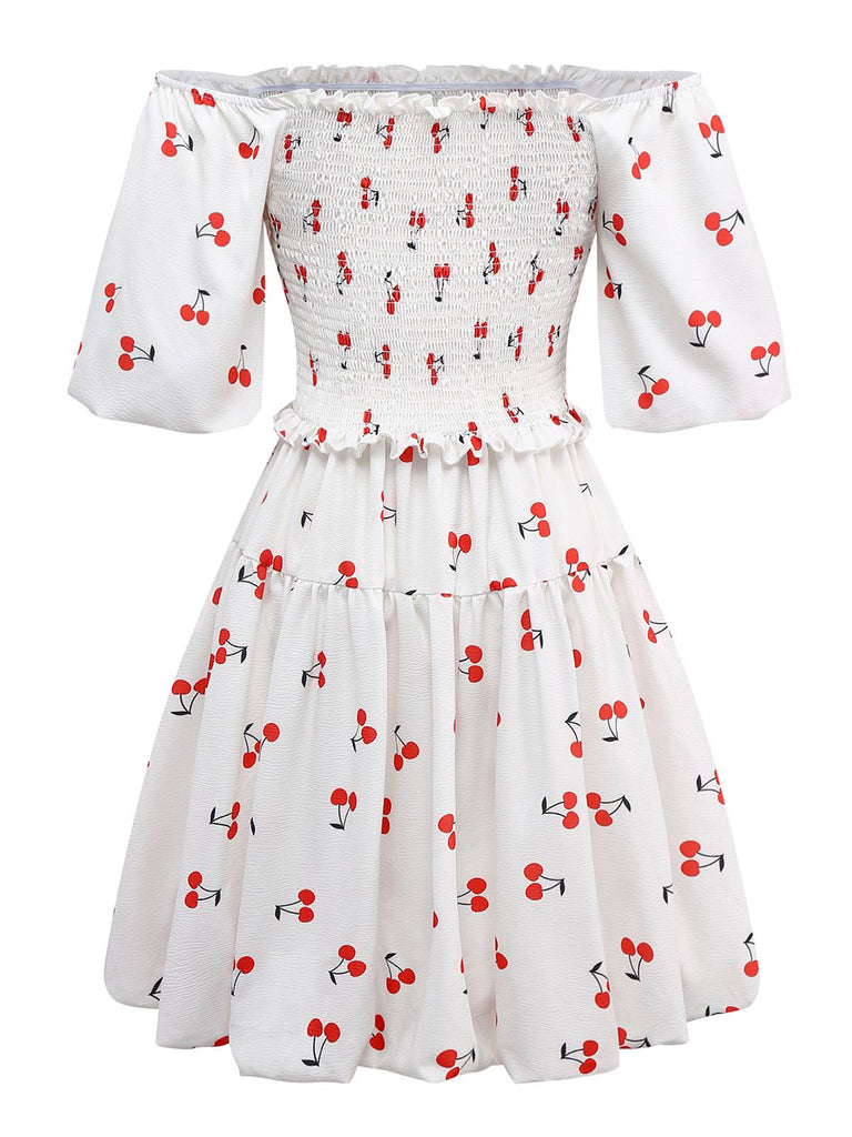 White 1950s Cherry Puff Sleeve Smocked Dress