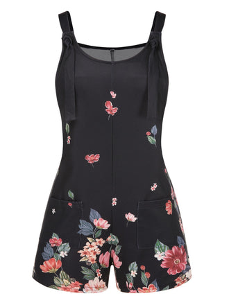 Black 1950s Adjustable Straps Floral Romper