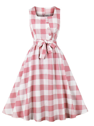 Pink 1950s Button Bow Gingham Plaid Dress