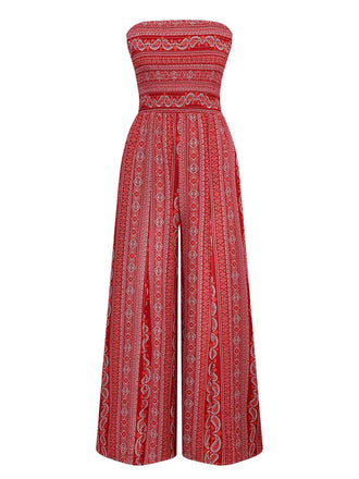 1970s Bohemian Strapless Slit Smocked Jumpsuit