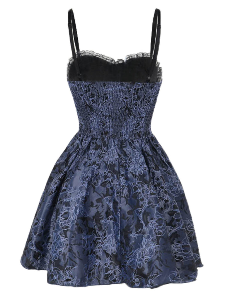 Blue 1980s Gothic Steampunk Floral Print Lace Patchwork Bubble Dress