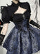 Blue 1980s Gothic Steampunk Floral Print Lace Patchwork Bubble Dress
