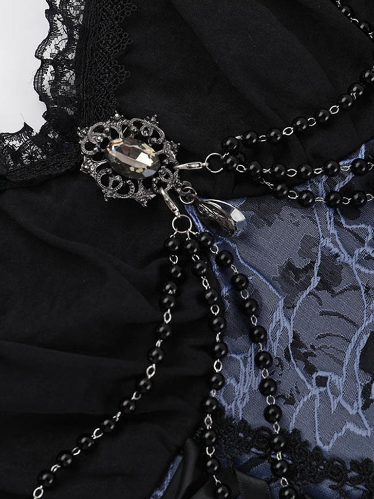 Blue 1980s Gothic Steampunk Floral Print Lace Patchwork Bubble Dress