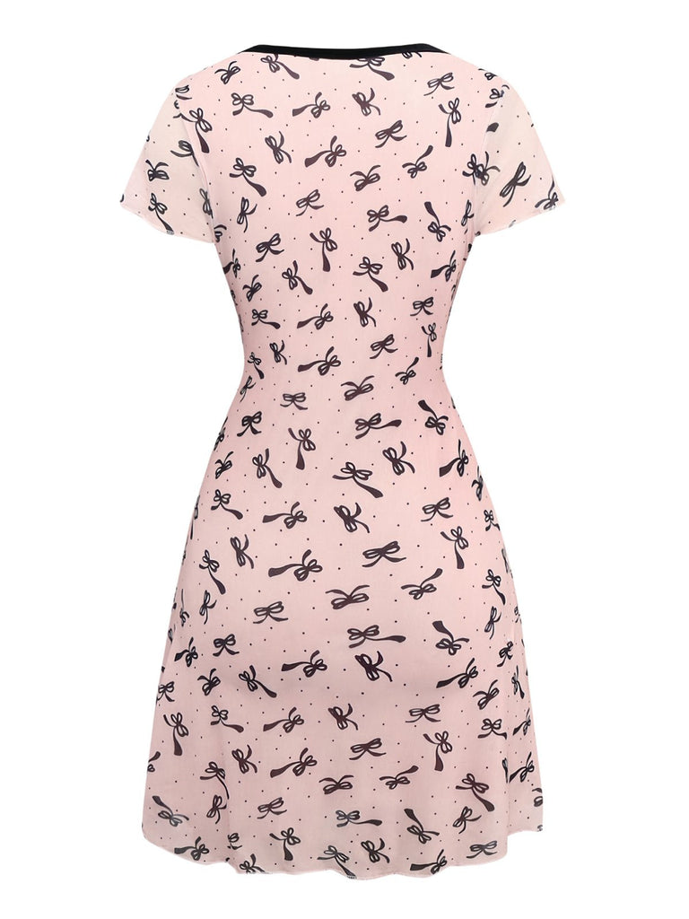 Pink 1960s Bow Print V-Neck Mesh Dress