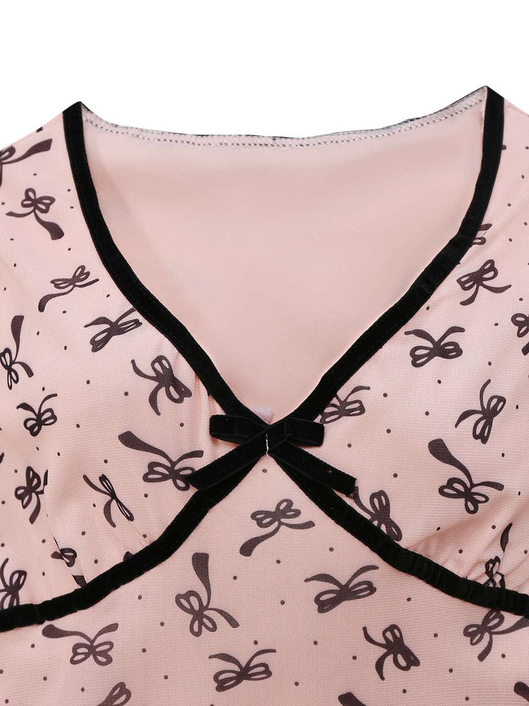 Pink 1960s Bow Print V-Neck Mesh Dress