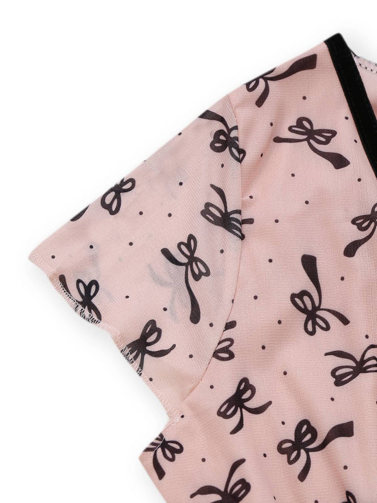 Pink 1960s Bow Print V-Neck Mesh Dress