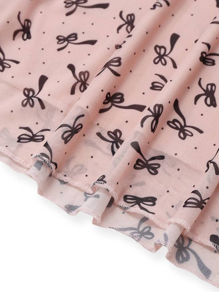 Pink 1960s Bow Print V-Neck Mesh Dress