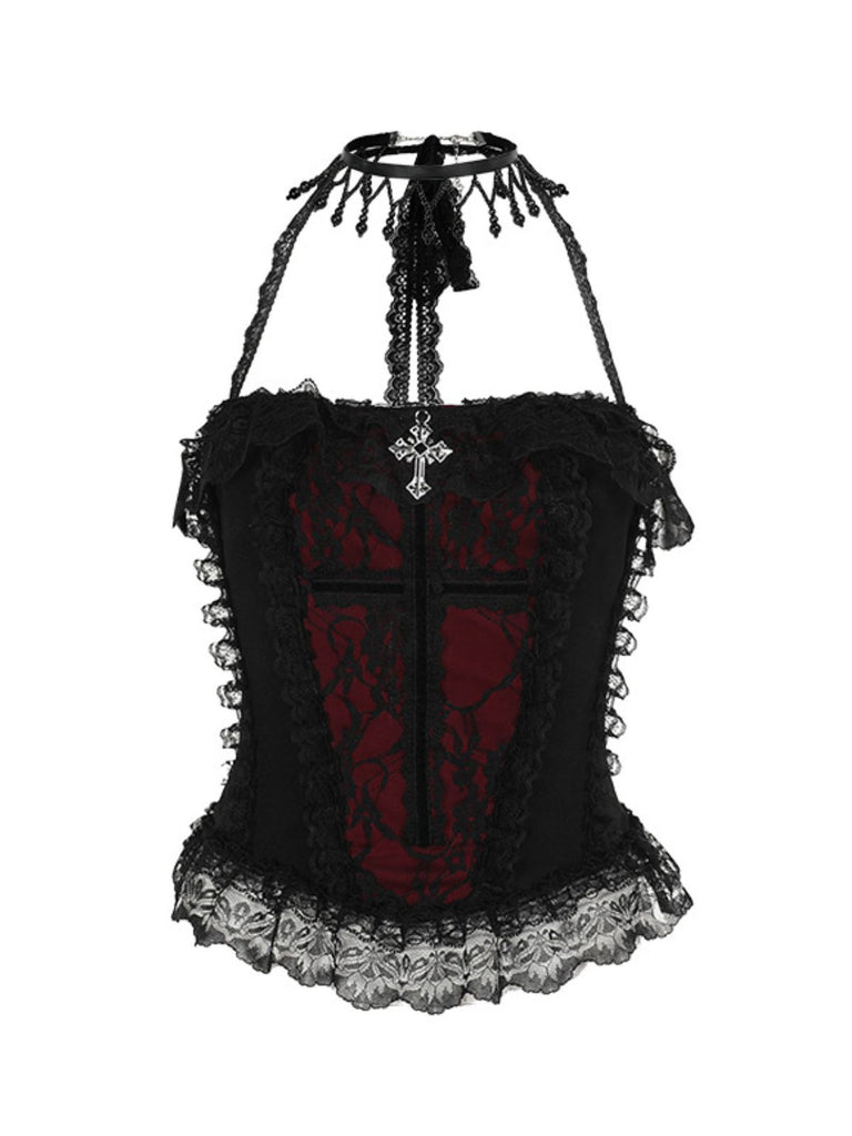 Black 1980s Gothic Steampunk Halter Lace Cross Camisole & Choker