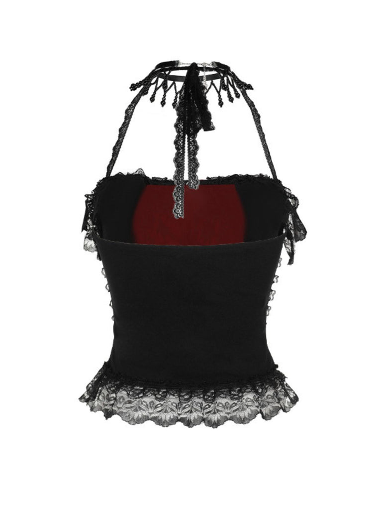 Black 1980s Gothic Steampunk Halter Lace Cross Camisole & Choker