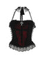 Black 1980s Gothic Steampunk Halter Lace Cross Camisole & Choker