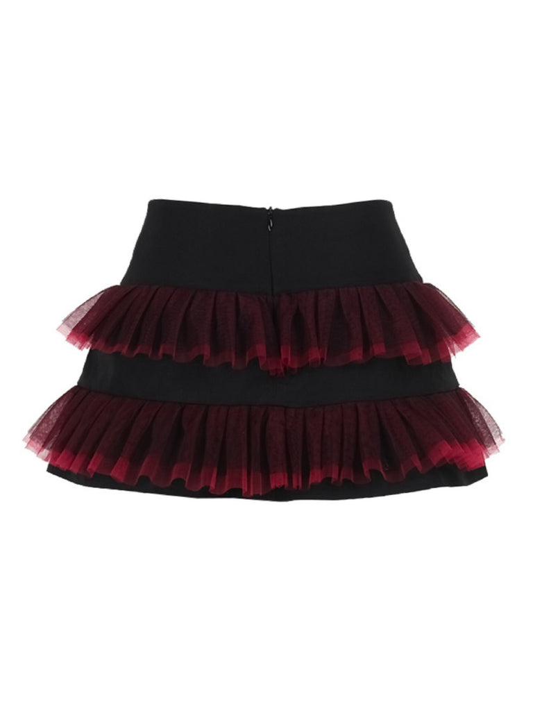Black 1980s Gothic Steampunk Mesh Ruffles Mini Skirt