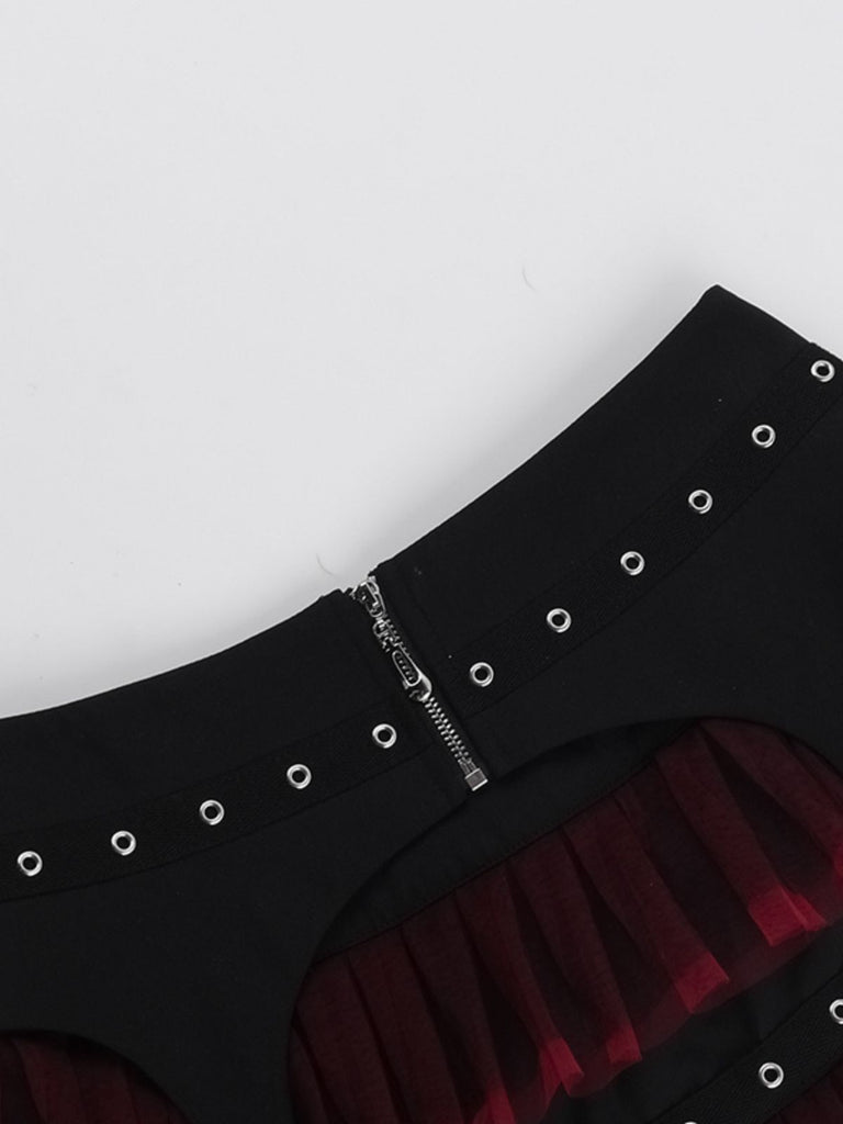 Black 1980s Gothic Steampunk Mesh Ruffles Mini Skirt