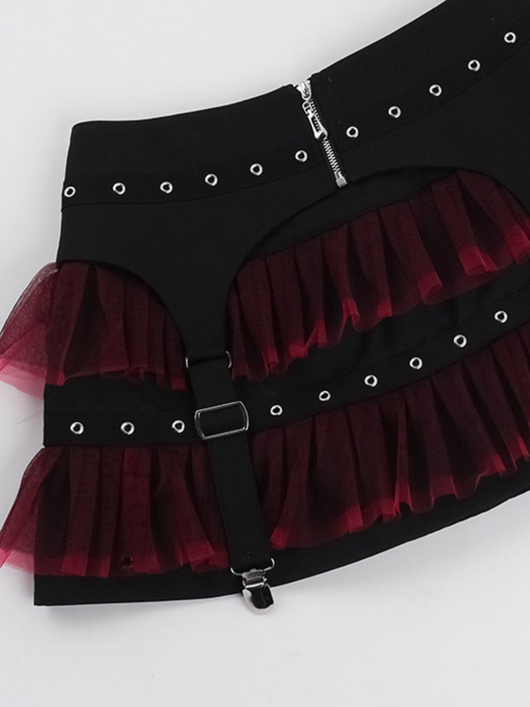 Black 1980s Gothic Steampunk Mesh Ruffles Mini Skirt