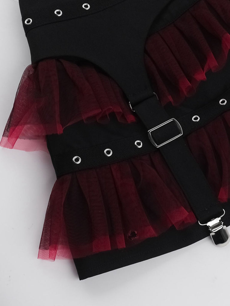 Black 1980s Gothic Steampunk Mesh Ruffles Mini Skirt