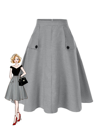 1950s High-Waist Plaids Button Pocket Skirt