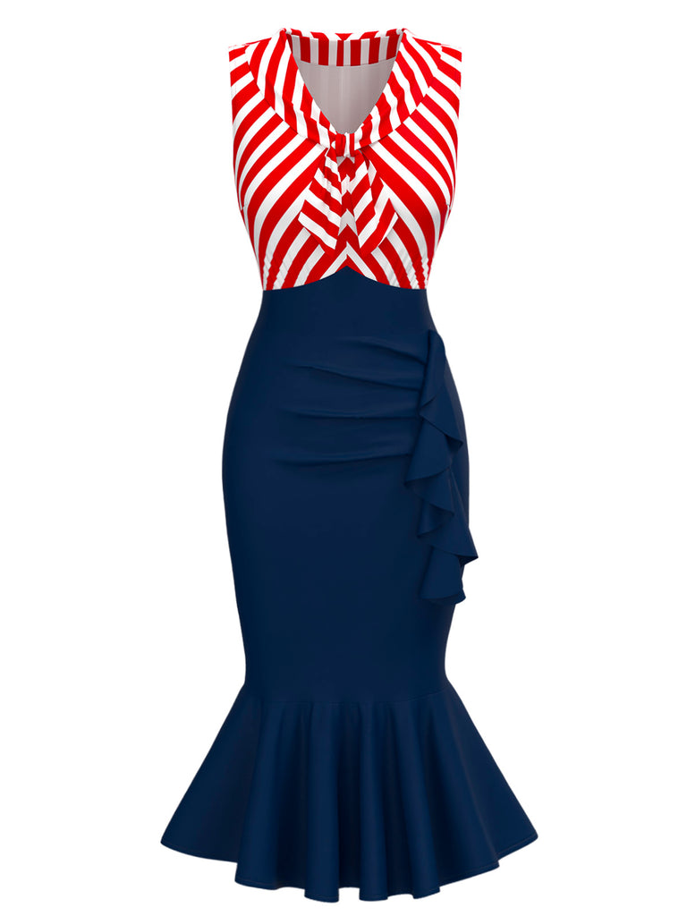 [Pre-Sale] Red & Blue 1930s Striped Patchwork Fishtail Dress
