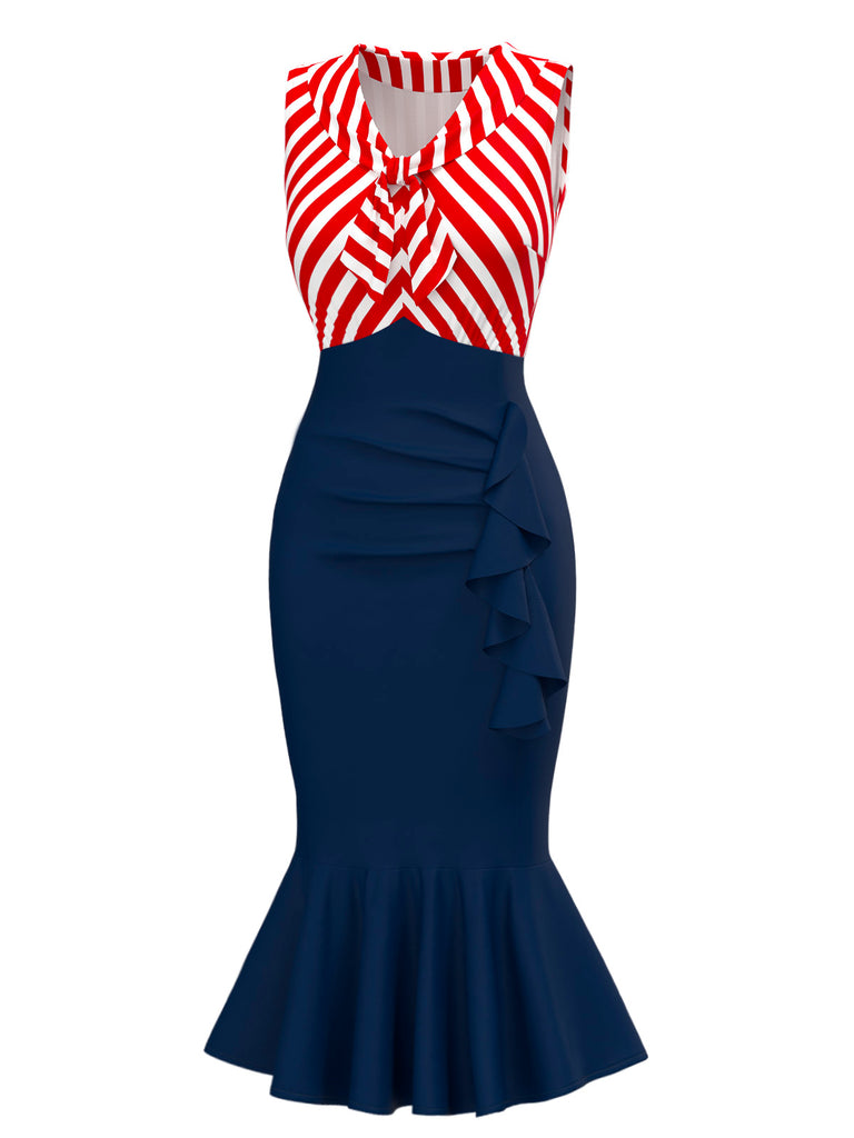 [Pre-Sale] Red & Blue 1930s Striped Patchwork Fishtail Dress