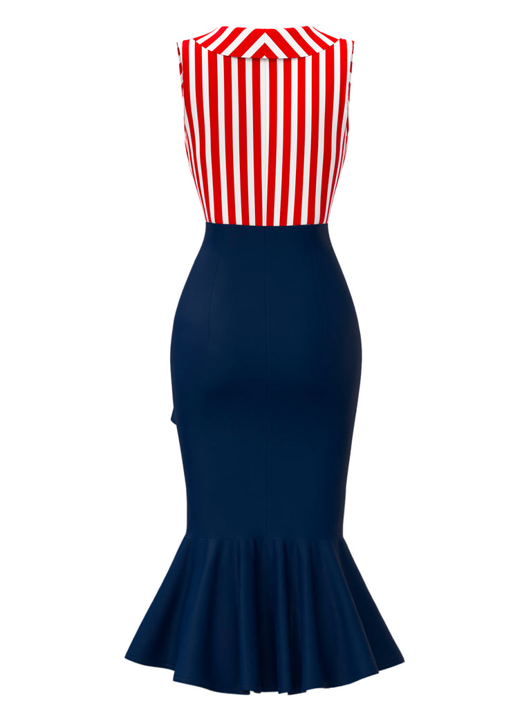 [Pre-Sale] Red & Blue 1930s Striped Patchwork Fishtail Dress