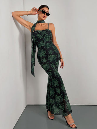 Green 1930s Floral Suspender Fishtail Dress