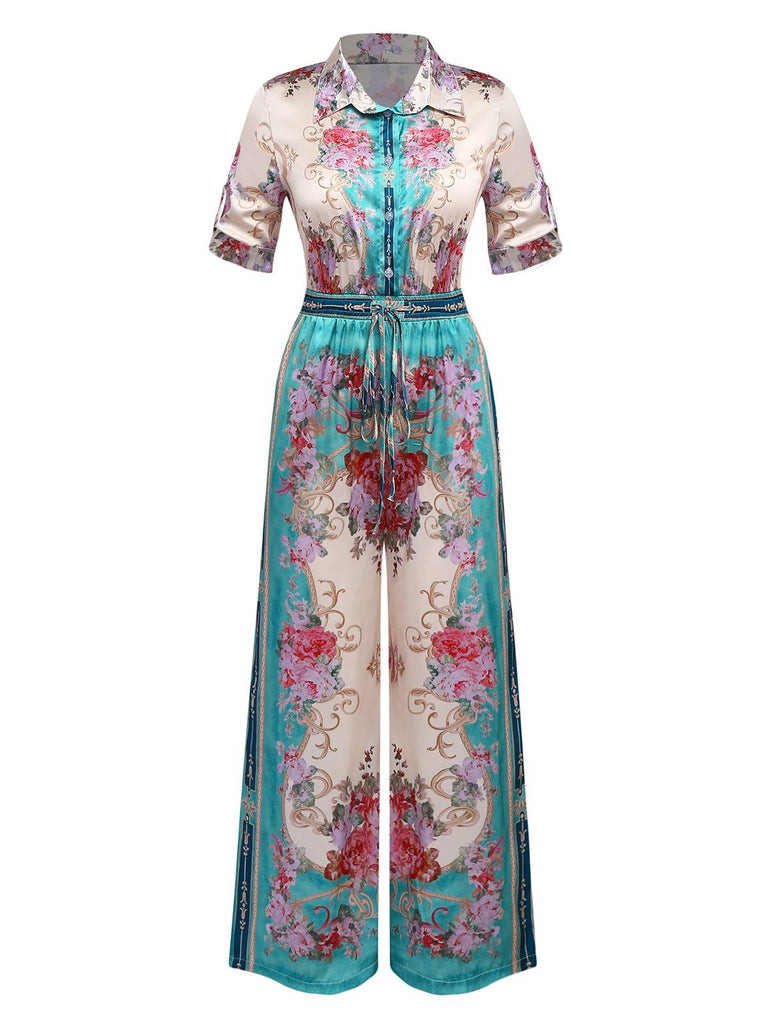 Green 1930s Symmetrical Floral Shirt Collar Jumpsuit