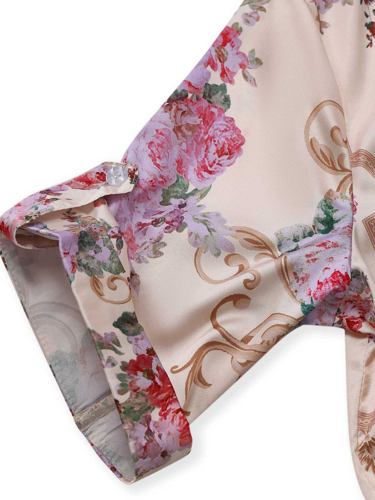 Green 1930s Symmetrical Floral Shirt Collar Jumpsuit