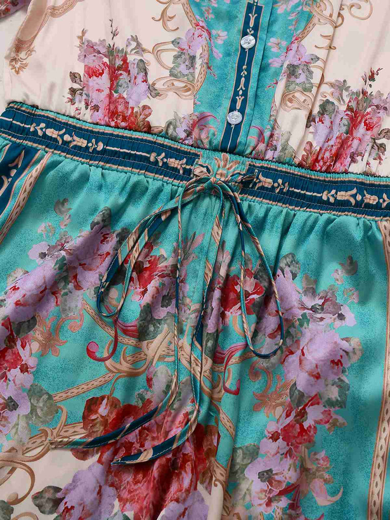 Green 1930s Symmetrical Floral Shirt Collar Jumpsuit