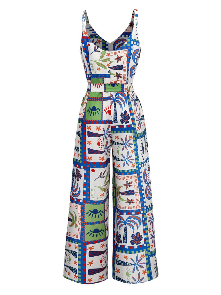 Blue 1930s Beach Print Sleeveless Jumpsuit